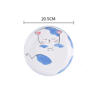 Cute Cat Ceramic Dinner Plate Dish Bowl Spoon Set Cartoon Porcelain Food Container Kids breakfast Dinnerware Set: Blue plate