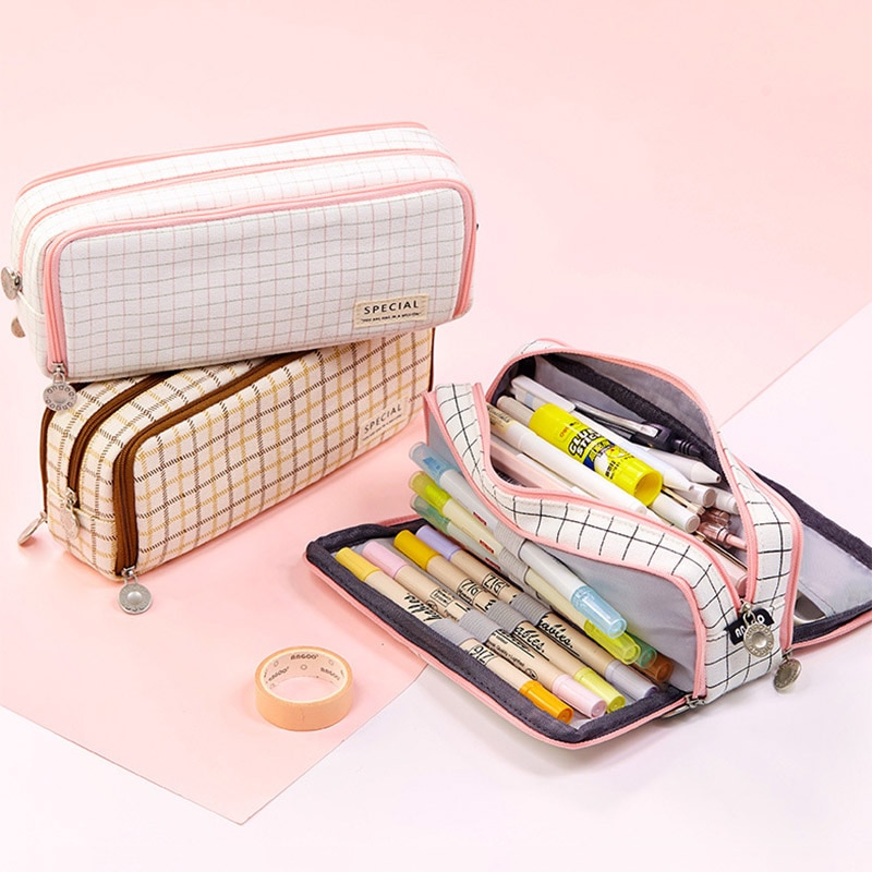 Multifunctionele Rits Etui Grid Canvas Pen Case Bag Potlood Meisje Wasbare Schoolbenodigdheden Student Koreaanse Briefpapier