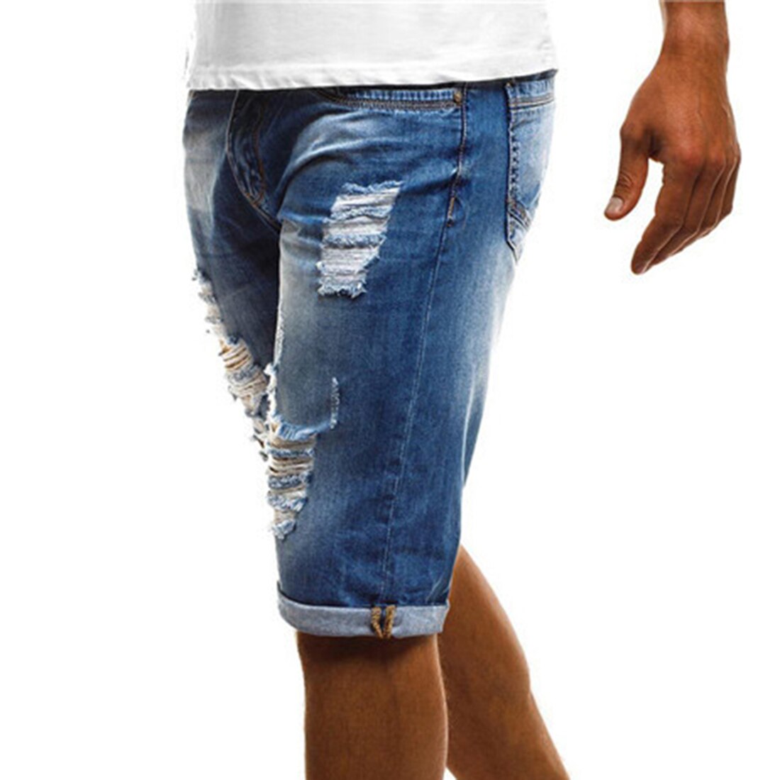 HEFLASHOR Summer Men's Stretch Short Jeans Vintage Slim Fit High Elastic Men Ripped Jeans Turn Up Cuff Fifth Pants Denim Shorts