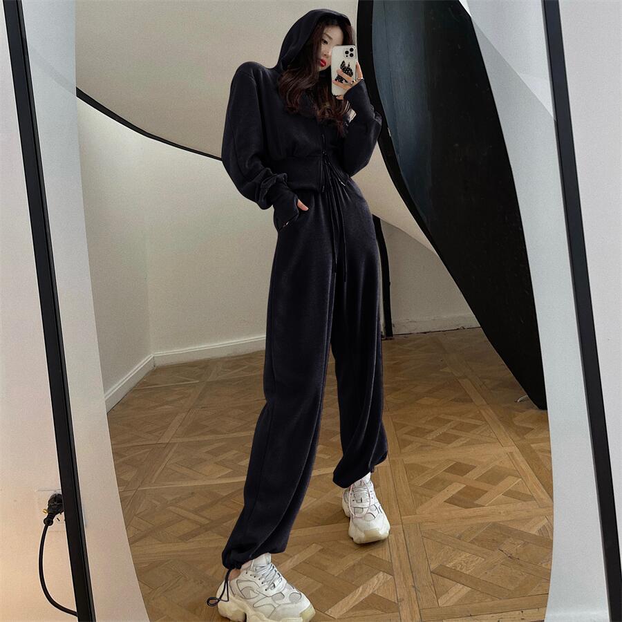 REORIA Dames katoenen trainingspak set met lange mouwen twee stuks outfit effen kleur loungewear sets hoodies en jogger coörd sets, Donkerblauw, S