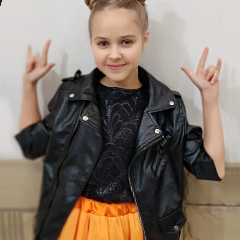 Girls Jackets 4-13 Years Old Leather Jacket PU Coat Long Sleeve Zip Belt Locomotive Leather Jacket Spring Autumn Versatile