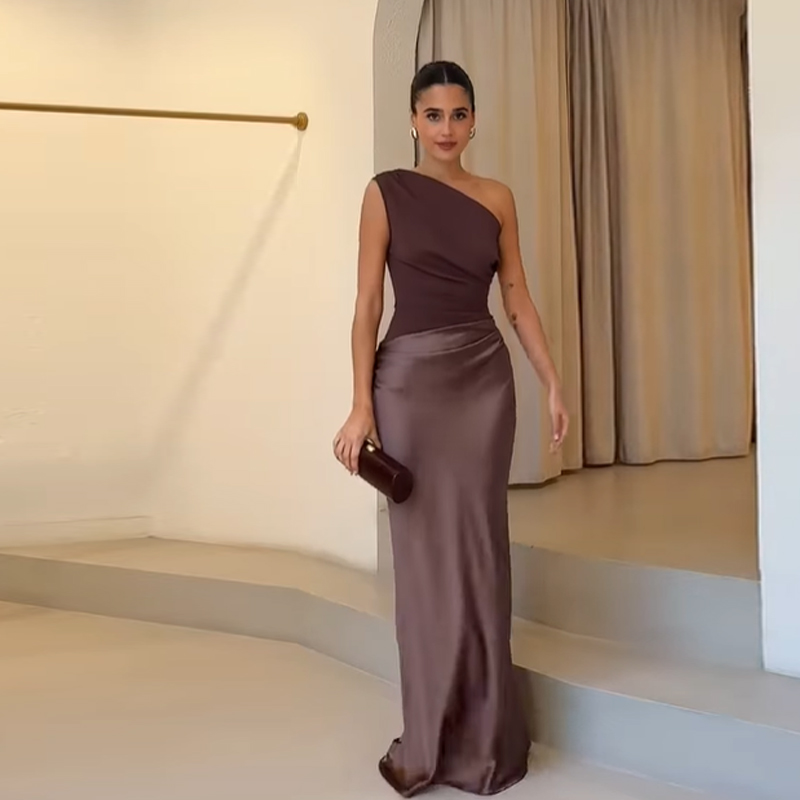Zomerse sexy lange satijnen jurk met één schouder voor dames, mouwloos, open rug, hoge split, feestjurk, avondjurk, cocktailjurk: S