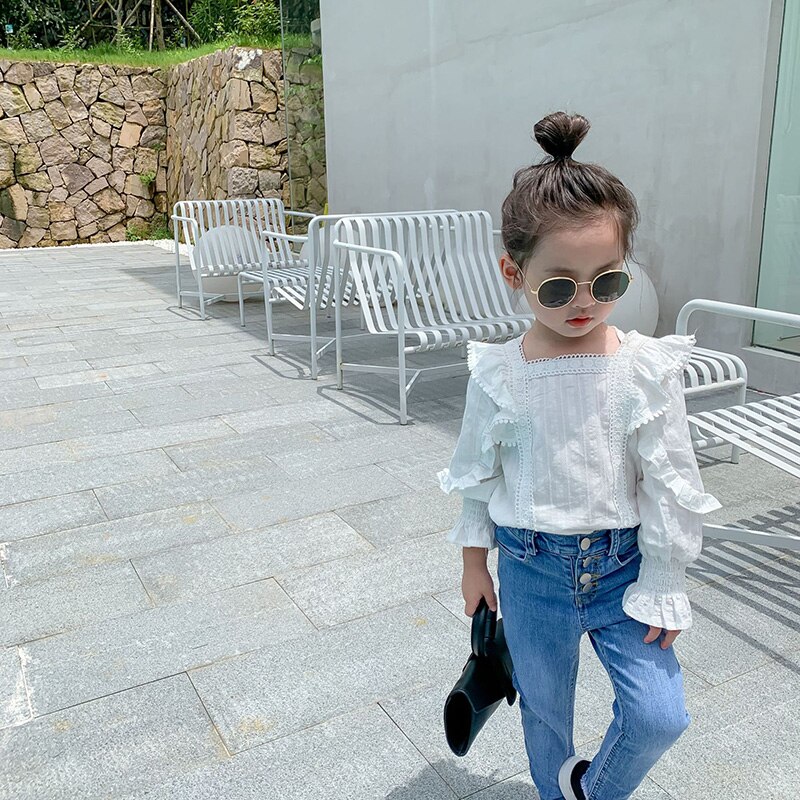 MILANCEL, ropa de otoño para niñas, camisa de estilo de encaje para niñas, camisa blanca con mangas de volantes para niñas, tops base para niños