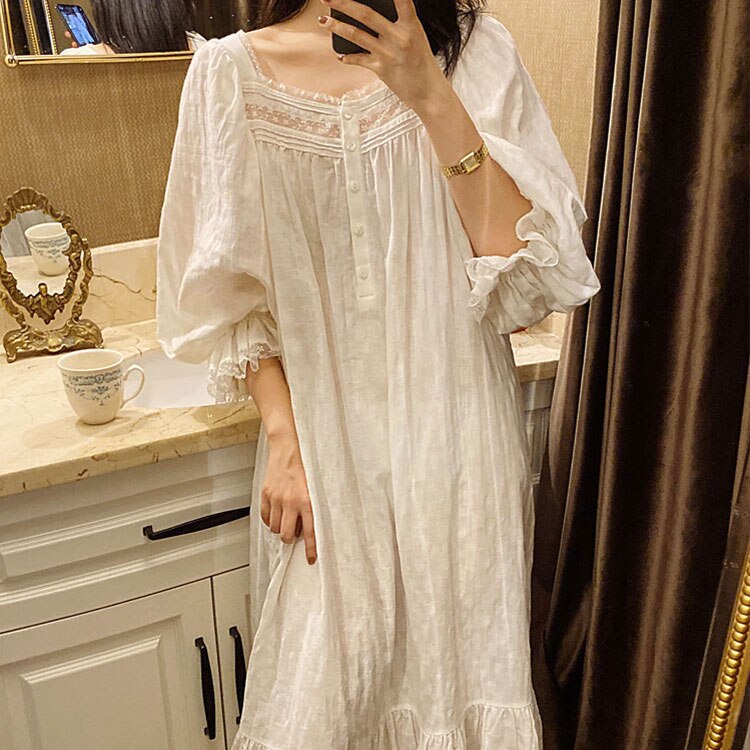 Lente Vrouwen Nachtkleding Prinses Katoen Crêpe Lange Mouwen Lace Geplooide Pyjama Sleepshirts Kant Vintage Dame Nachtjapon Nachtjapon