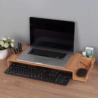 Soporte de madera para ordenador portátil, caja de almacenamiento de escritorio de oficina, Base de pantalla de Monitor, estante de almacenamiento: Wood color