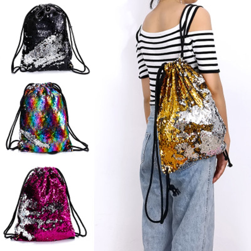 Sequin Drawstring Bags Reversible Sequin Backpack Glittering Shoulder Bags for Girls Women Girls Book Mochilas H66