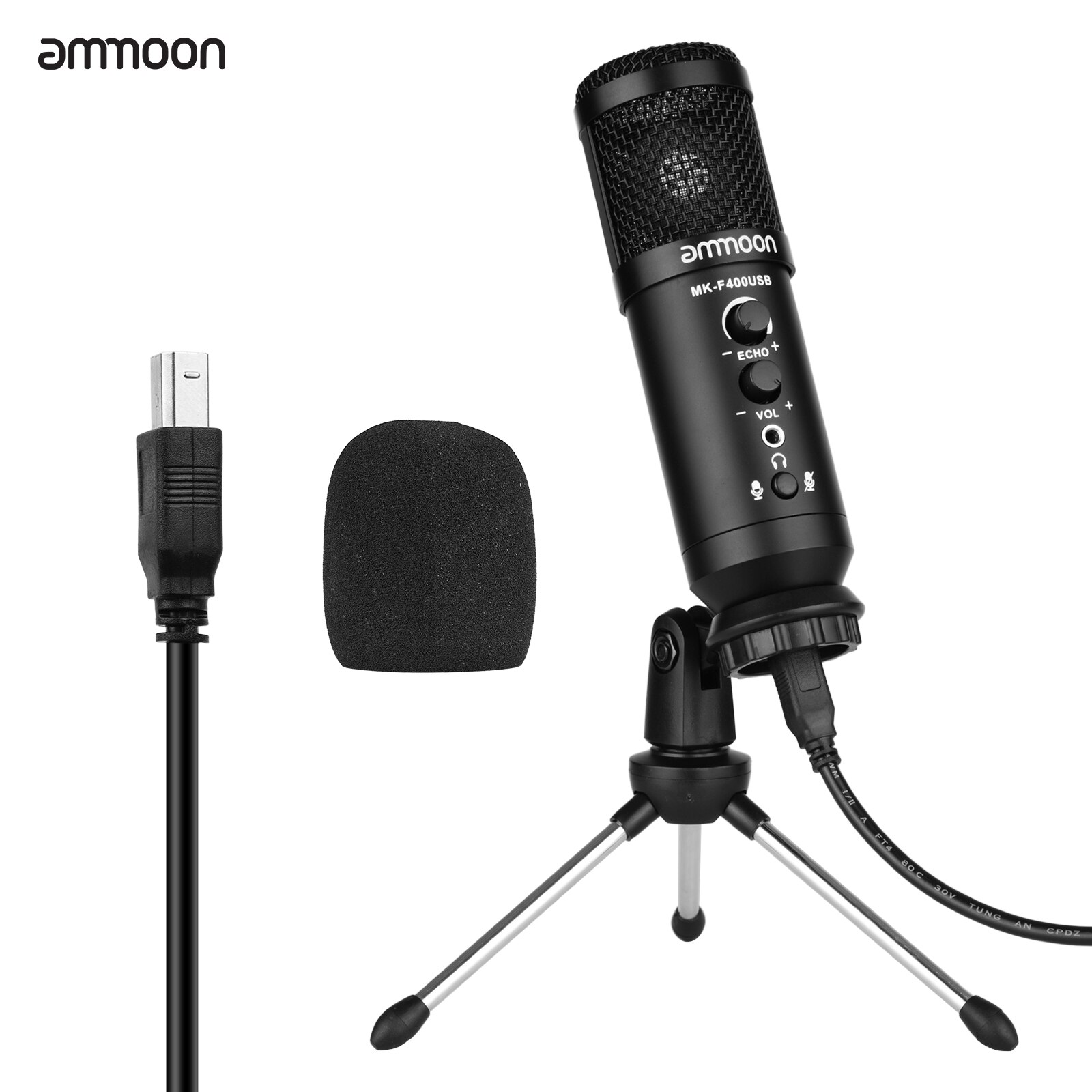 ammoon USB Condenser Microphone Computer Mic Kit with Mini Desktop Metal Tripod Stand Windscreen USB Cable for Music Recording: Round Head