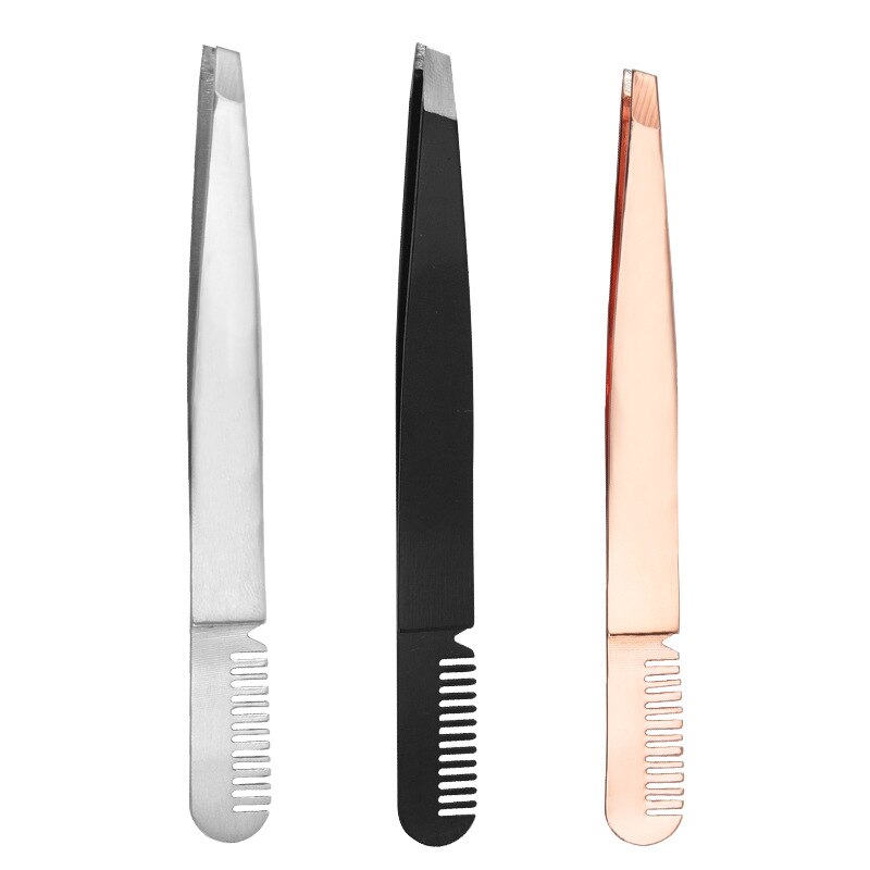 Eyebrow Tweezer With Comb Double Use Stainless Steel Brush Slant Metal Eyelash Extension Nipper For Hair Removal Face Beauty