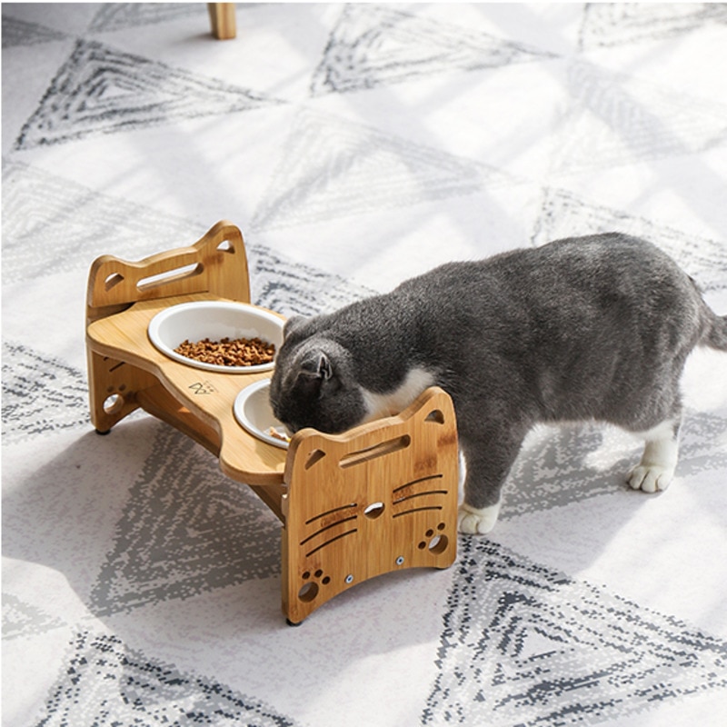 Wooden Pet dining table Double Bowls Cat Tilted Feeders Kitten Dishes with Slope Bamboo Rack Puppy Drink Feeding Bowl HW035