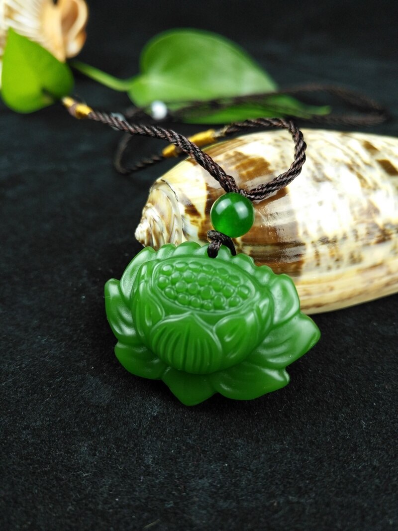 Chinese Green Jade Lotus flower Pendant Beads Necklace Charm Jewellery Accessories Hand-Carved Men Lucky Amulet