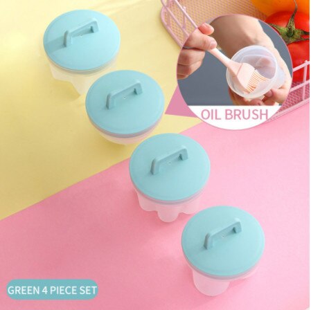 4 Pcs/Set Cute Egg Boiler Plastic Egg Poacher Set Kitchen Egg Cooker Tools Egg Mold Form With Lid Brush Pancake Maker: Green