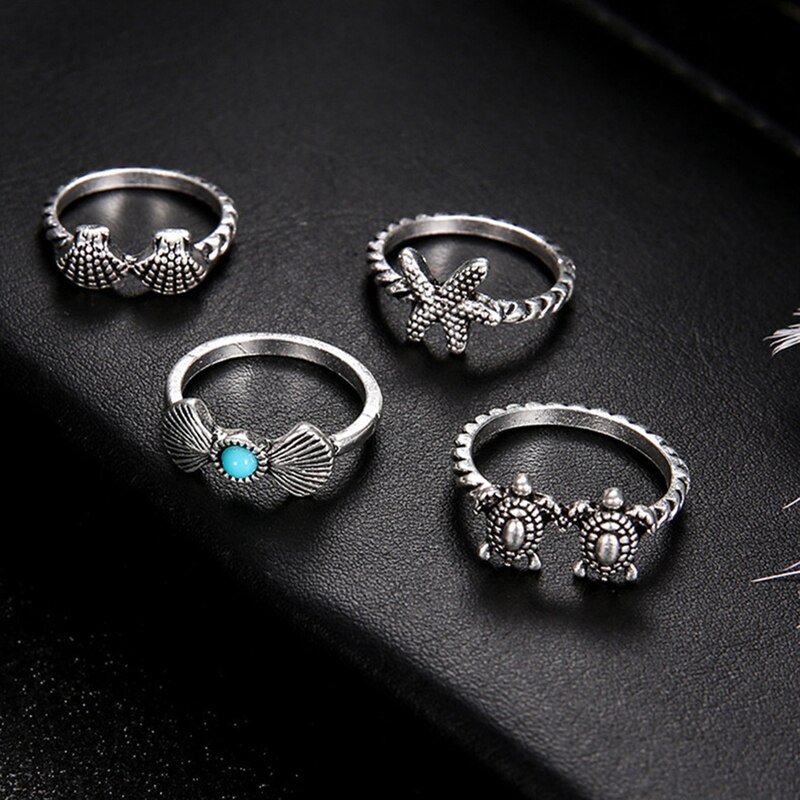 4 stuks Bohemian Shell Schildpad Vinger Ring Set Charm Starfish Zilveren Joint Knuckle Rings Vrouwen Sieraden Accessoires