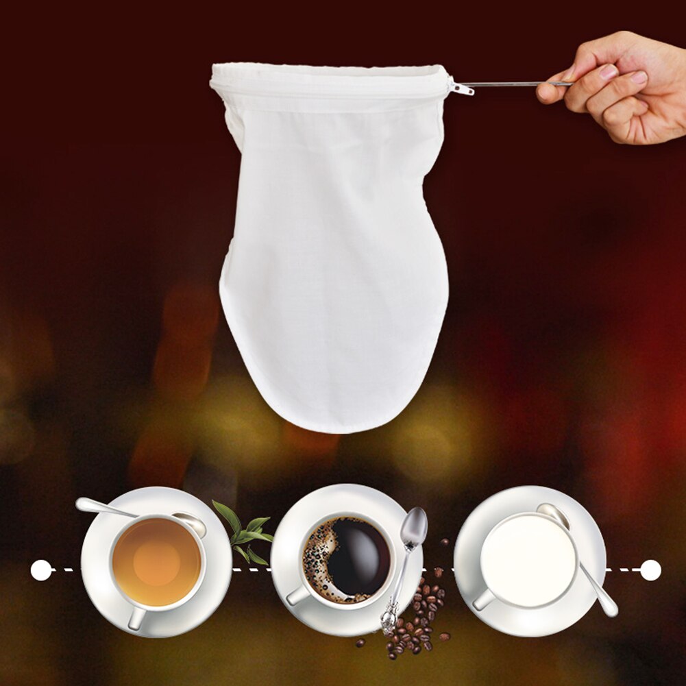 Reusable Stainless Steel Handle Cotton Cloth Strainer Coffee Tea Mesh Filter Bag