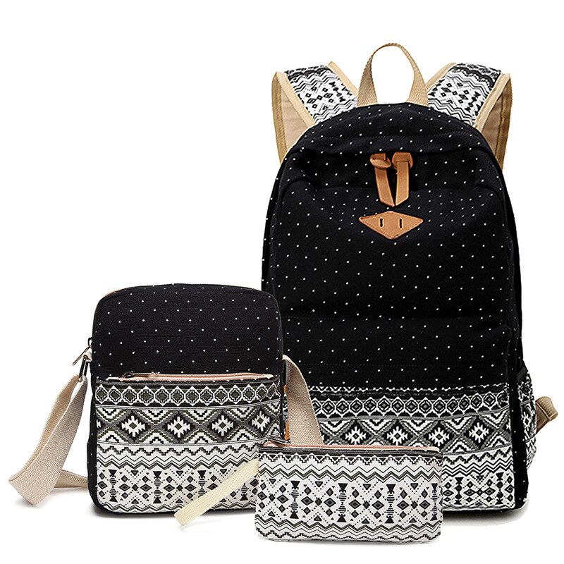 Diomo lærred skoletasker sæt til piger kvindelig rygsæk skoletasker rygsæk feminin bogtaske: Sort