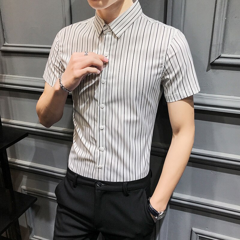 Sommer herre stribet skjorte mærke slim fit kortærmede herre sociale skjorter afslappet enkel all match bluse homme