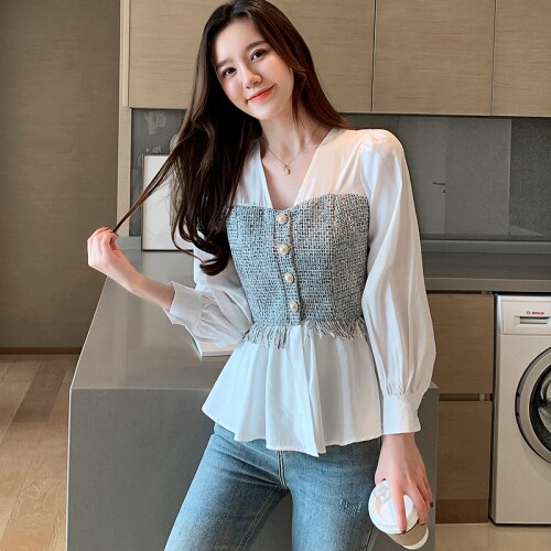 Tøj solid hvid langærmet skjorte kontor dame toppe koreansk stil kvinder splejset chiffon bluse v-hals feminina skjorte: Xl