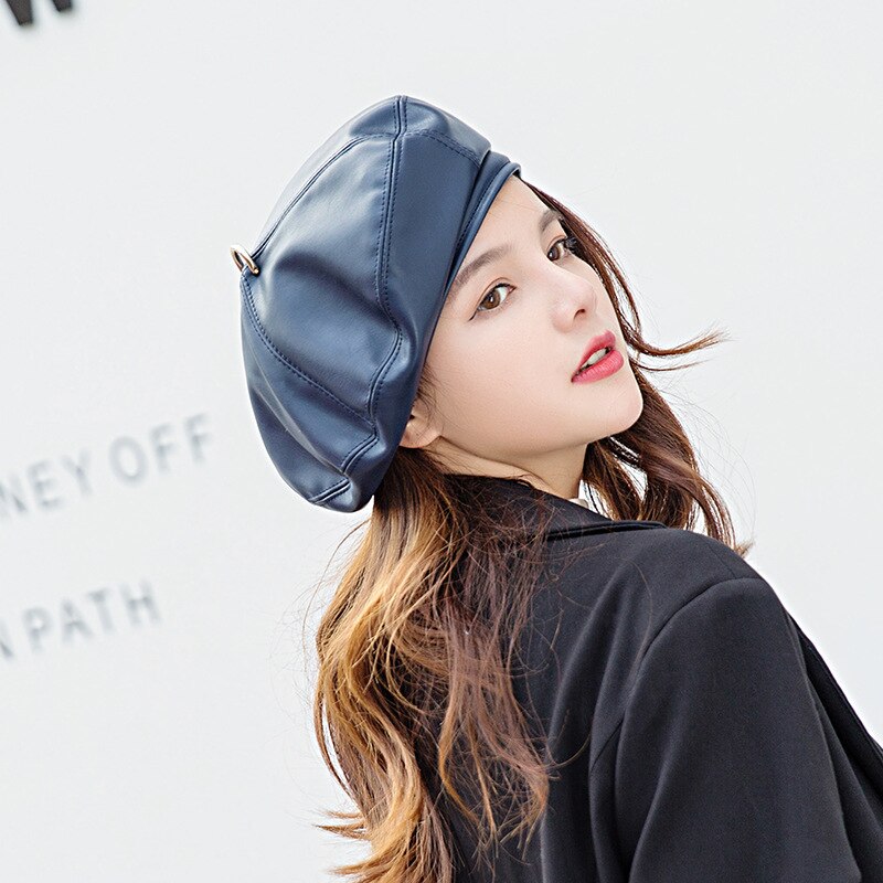 USPOP Neue frauen Baskenmützen weichen pu baskenmütze weibliche eisen ringe Baskenmützen Winter Hütte: Blau