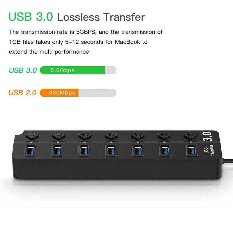 USB Hub 3.0 High Speed 5GBPS 7 Port Multi Splitter Adapter On/Off Switch for Laptop PC