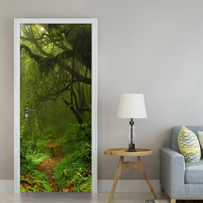 3D Door Mural Green Forest Door Sticker DIY Self-adhesive Waterproof Wallpaper Poster Living Room Home Decoration Wall Decals