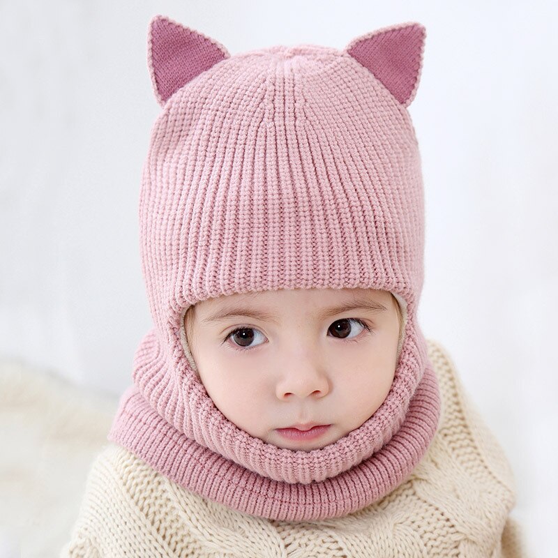 Conjunto de bufanda con orejas de gato para niño y niña, gorro tejido para bebé, conjunto de bufanda, gorro de terciopelo y protección para el cuello, a prueba de viento, Invierno