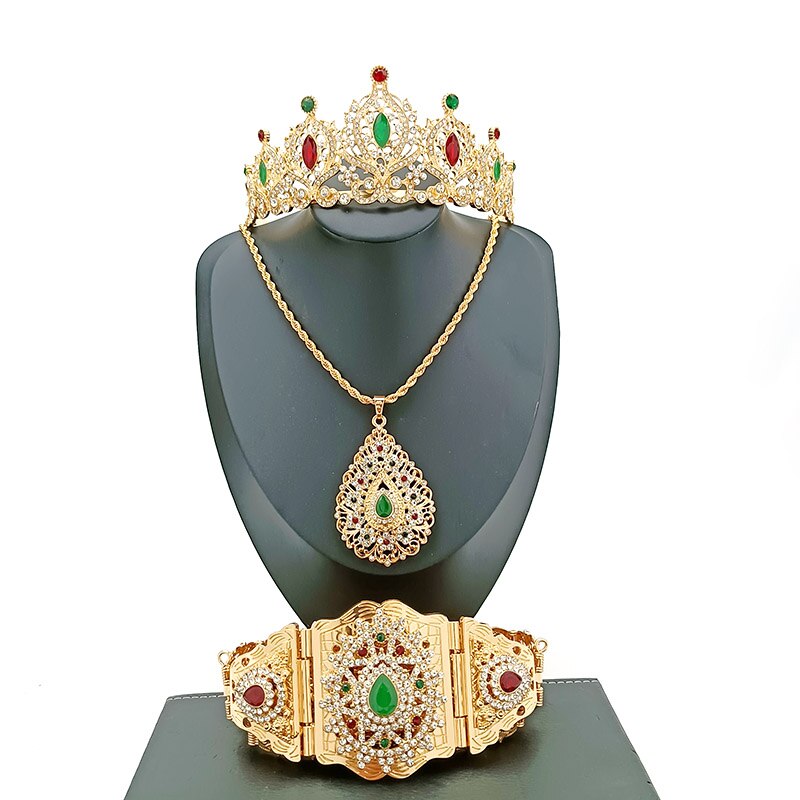 Arabische Bruiloft Sieraden Set Gewaad Taille Keten Vrouwen Haar Sieraden Hartvorm Jewel Hanger Ketting Marokkaanse Metalen Riem