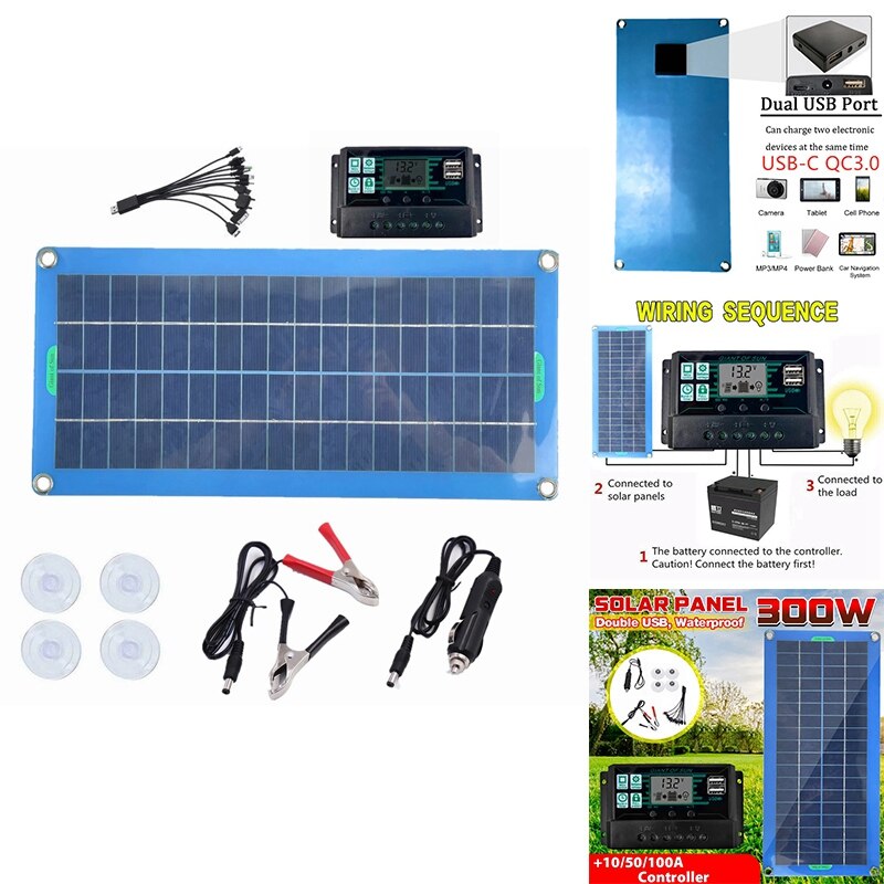 300W Zonnepaneel 12V 5V Dual Usb Controller Waterdicht Monocrystalin Zonnecellen Battery Charger