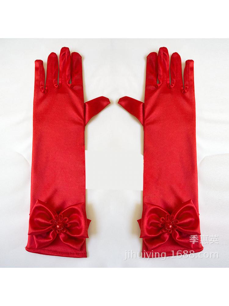 5 pares de guantes largos para niña, vestido con lazo de flores, blanco, rosa, de Navidad, de cumpleaños, negro y rojo: Rojo