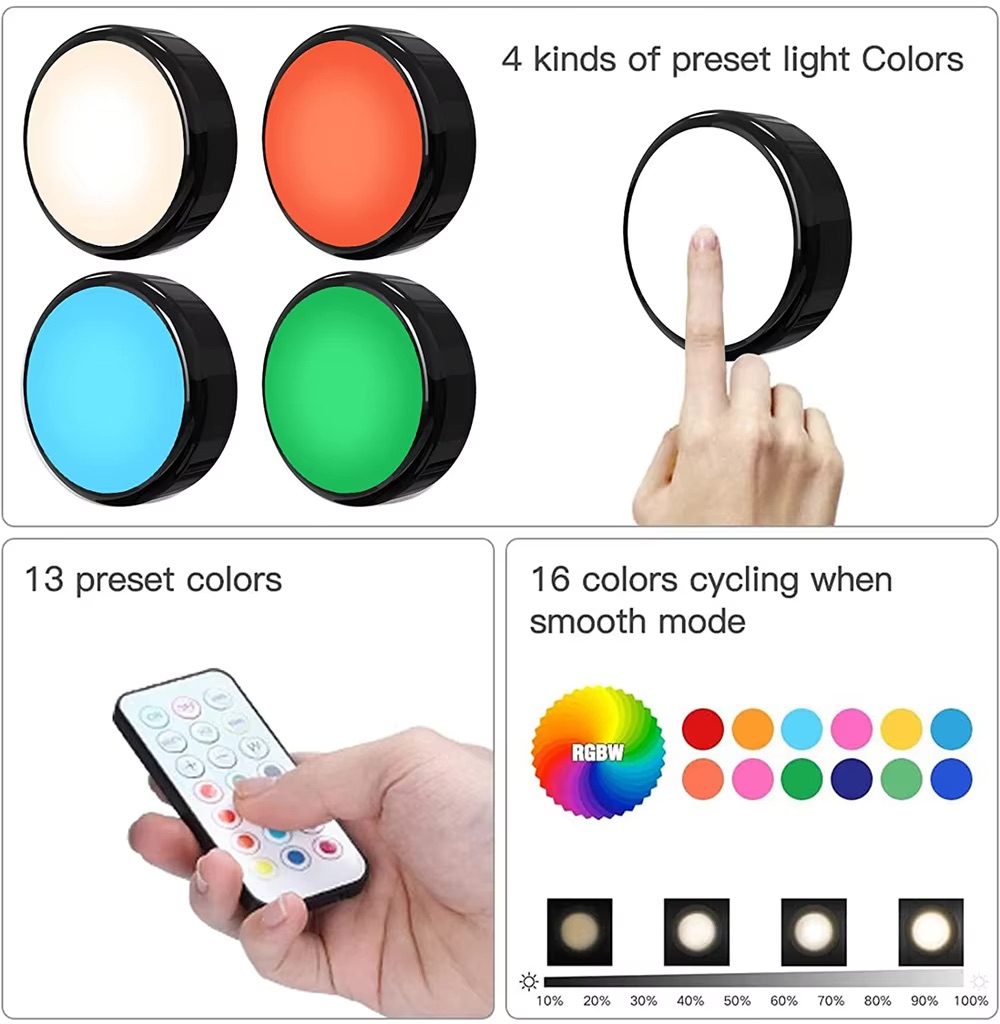 RGBW LED Puck luces nocturnas Control remoto regulable debajo del gabinete luz con pilas lámpara de empuje inalámbrica armario de cocina