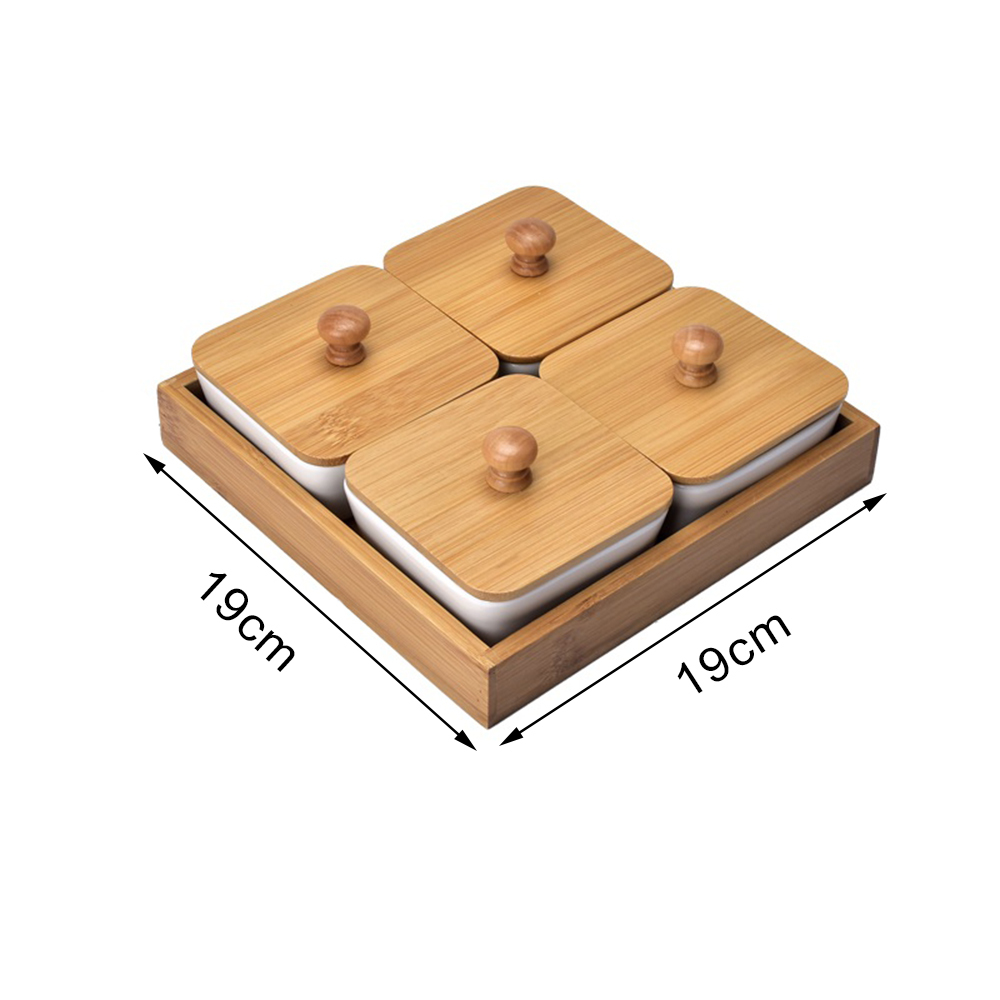 Japan Style Kitchen Organizer Ceramic Bowls Food Storage Containers with Bamboo Lid and Pallets Snack Serving Tray: 4 Bowl with Lid Tray