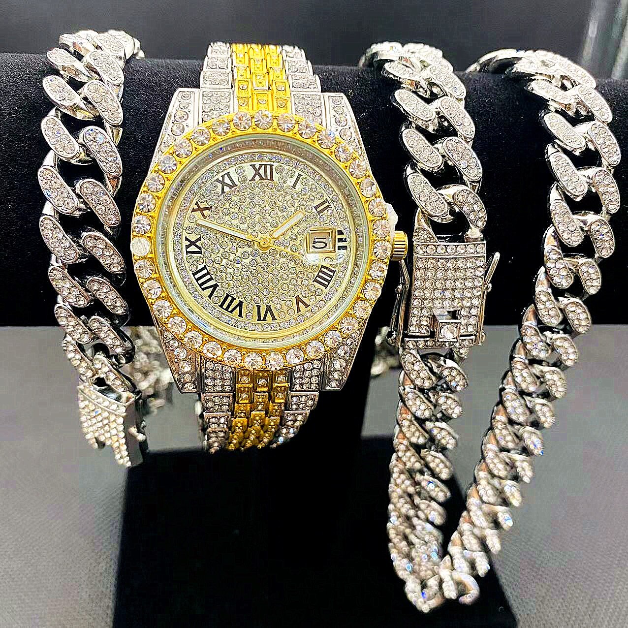 Montre entièrement glacée pour hommes, Bracelet, collier, ras du cou, bijoux bling-bling, grande chaîne en or, Hip Hop, ensemble de montre