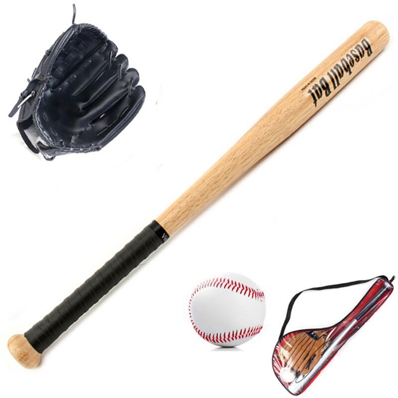 Kids Outdoor Professionele 25 Inch Houten Honkbalknuppel En Softbal Bal & Baseball Handschoenen Exercise Training Baseball Set W: Black white