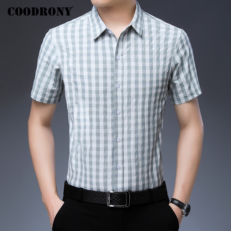 Coodrony ruudullinen puuvillapaita miehet business casual paidat miesten vaatteet kevät kesä lyhythihainen camisa masculina plus koko  c6034s