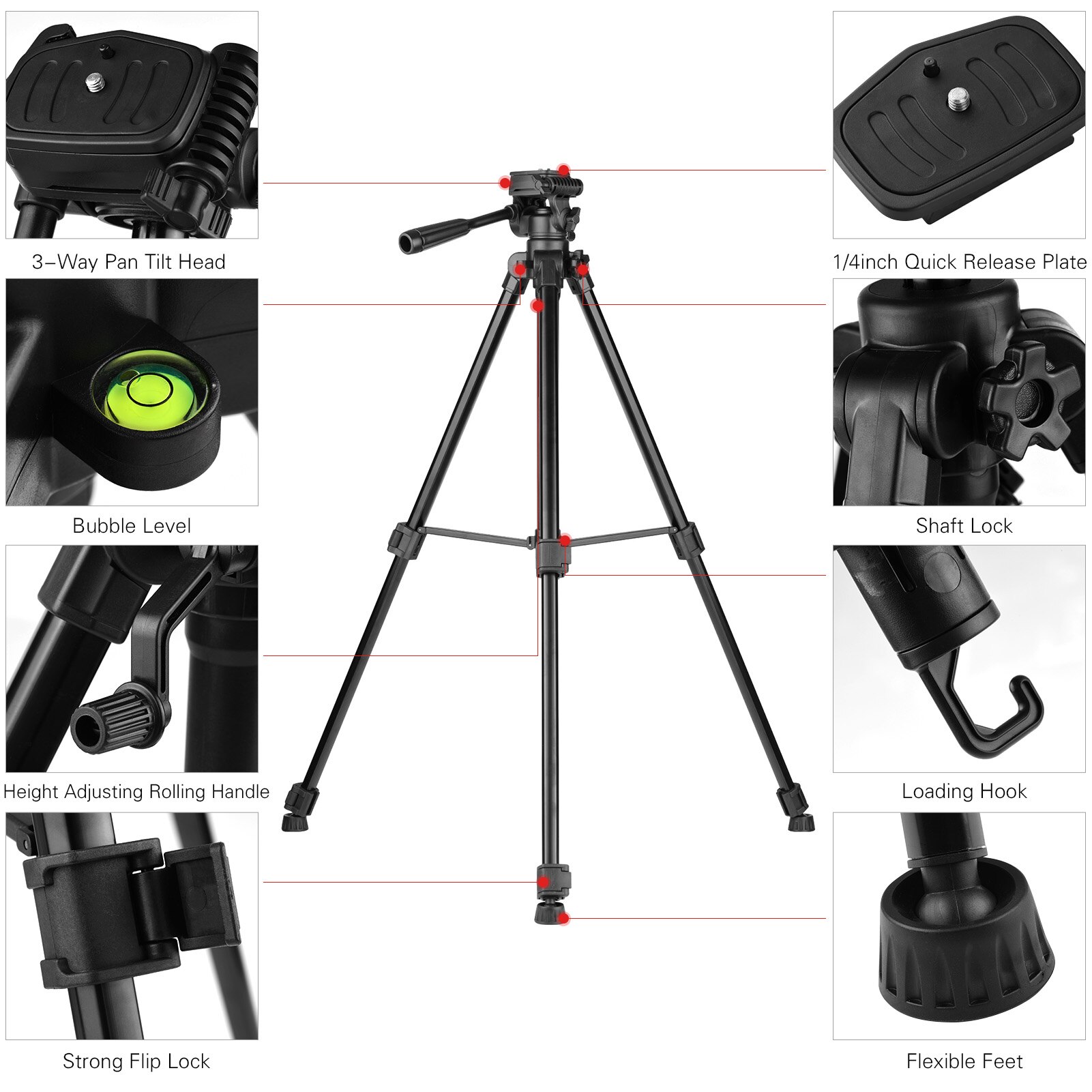 Photography Tripod Stand Aluminum Alloy 150cm 3-Section 3-Way Hydraumatic Head Universal 1/4 Mounting Bubble Level Phone Holder