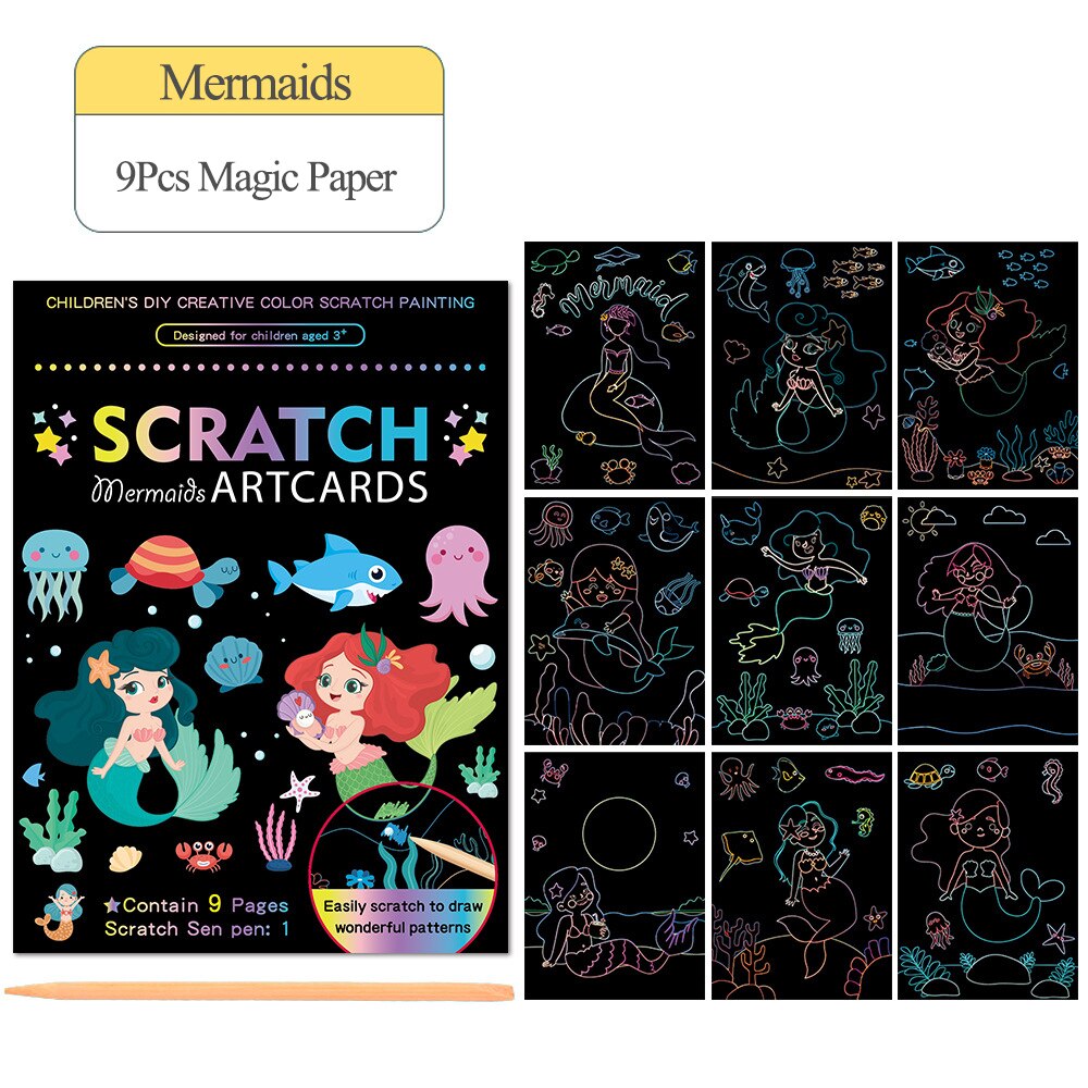 9 Stks/set Magic Rainbow Scratch Artcards Kinderen Schilderen Card Kit Cartoon Dinosaurus Eenhoorn Tekening Kids Diy Educatief Speelgoed: Mermaids