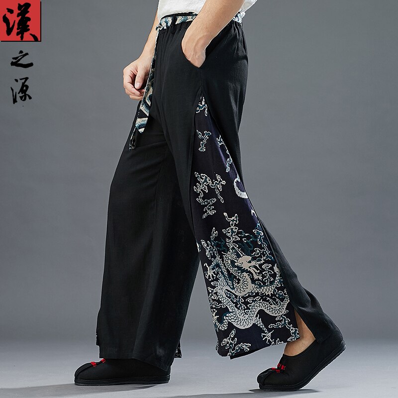 Chino pantalones de harén de los hombres dragón Oriental-pierna Retro de algodón de lino de carga pantalones holgados sueltos de encaje pantalones de Kung Fu: Negro / XL