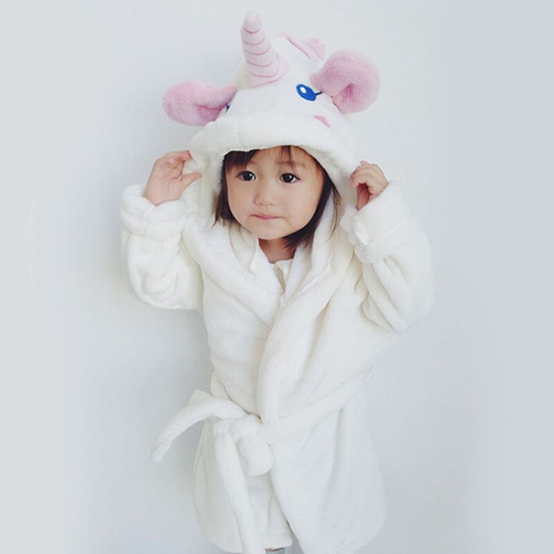 Cartoon Children's Robe Flannel Baby Bathrobe Long Sleeve Hooded Kids Bath Robe Lovely Unicorn Animal Child Boy Girls Robes: S(70-98cm)