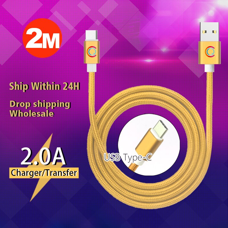 5V/2A 2M type-c Nylon armure USB câble de charge rapide chargeur câble pour Samsung Xiaomi couleur unie téléphone chargeur câble fil