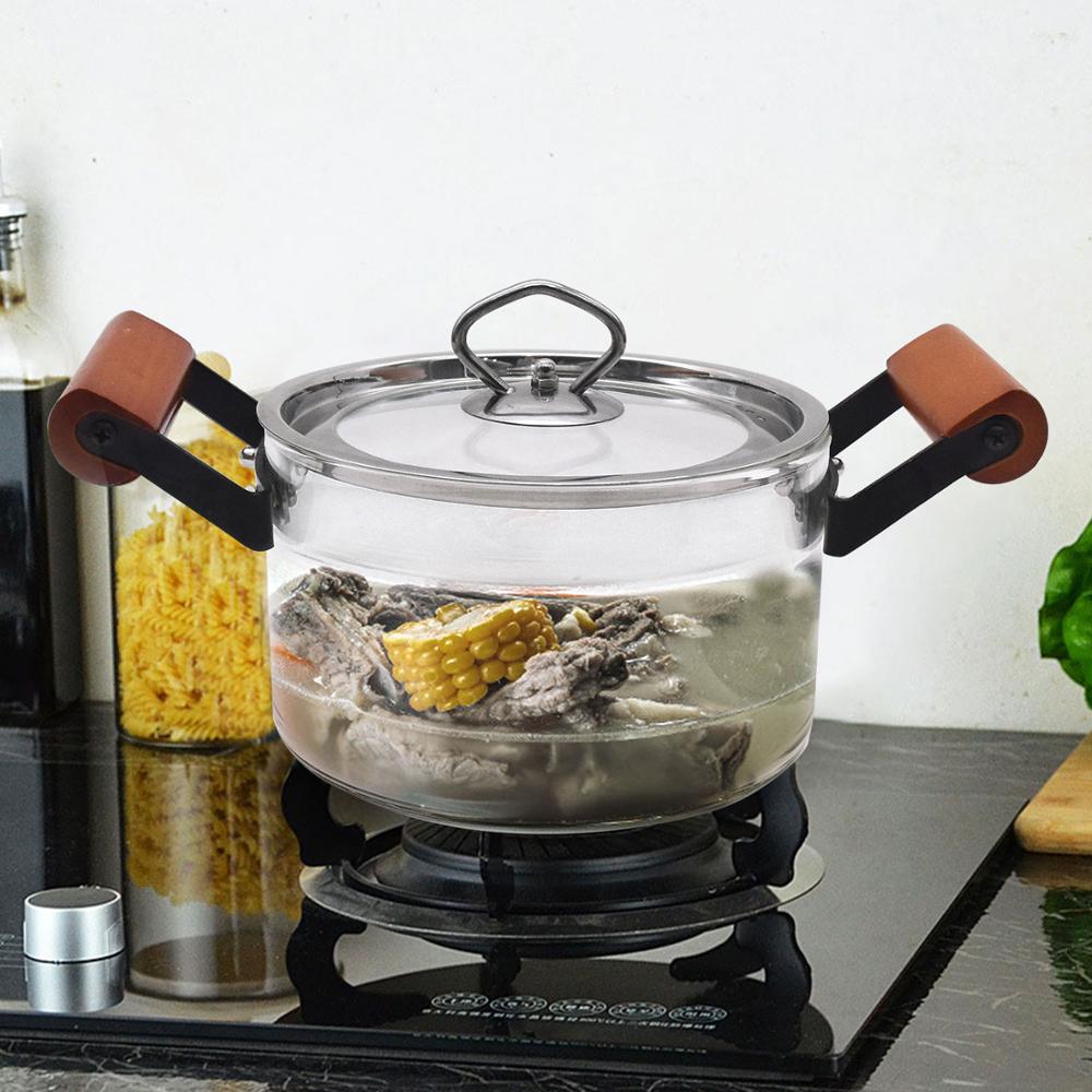 Lasinen kattila puisella kahvalla ja höyryreiällä lämmönkestävä kattila kannella 1.6l