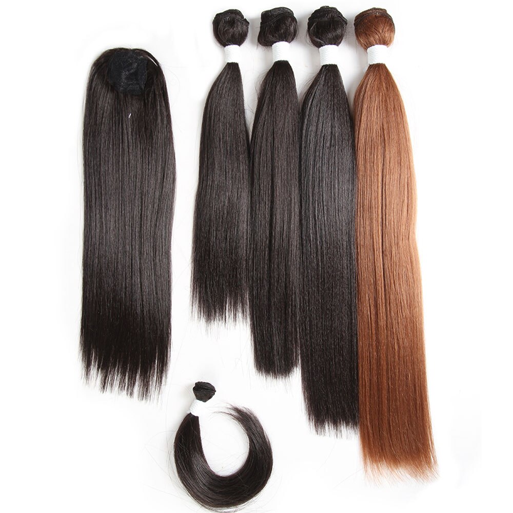 Yaki Straight Hair Bundles With Closure For Women X-TRESS Natural Black Synthetic Hair Weave Extensions 4 Bundles/Pack 12-18inch: FT230