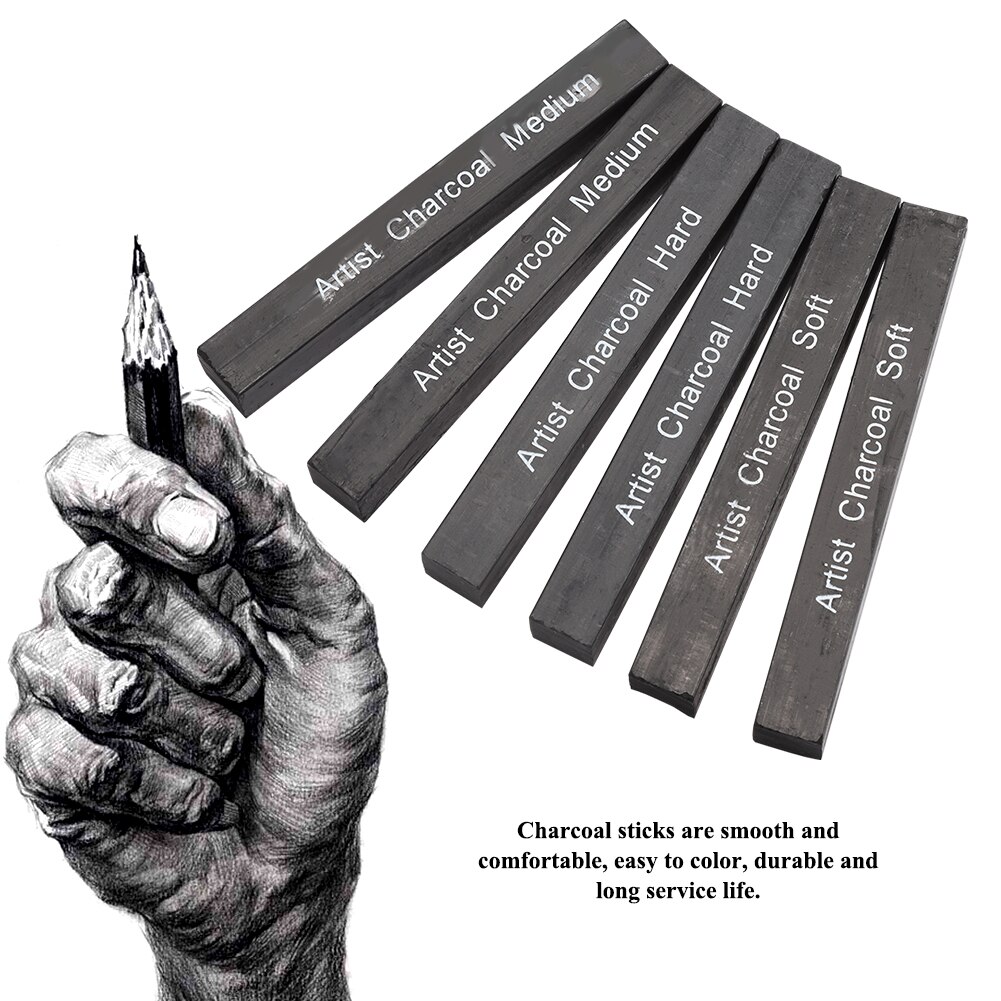 12Pcs Compressed Charcoal Sticks Black Square Soft/Medium/Hard Graphite Drawing Pencil Art Suppl