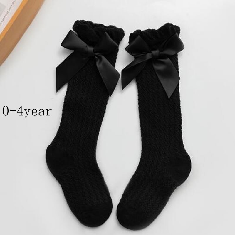 Baby Meisjes Sokken Knie Hoge Sokken Prinses Met Bogen Meisje Schattige Baby Sok Katoen Lange Buis Boog Strepen Kinderen Sokken: black knee mesh bow
