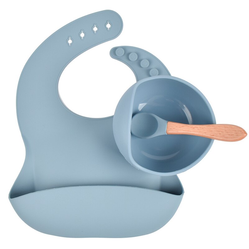 Bpa Gratis Baby Siliconen Servies Waterdichte Bib Flexibele Speeksel Handdoek Effen Kleur Sucker Kom En Lepel Voor Childre: grey blue