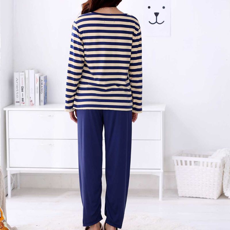 Lovers Milk Fiber Pajamas Set Spring Cartoon Embroidered Pocket Stripe Sleepwear E15E