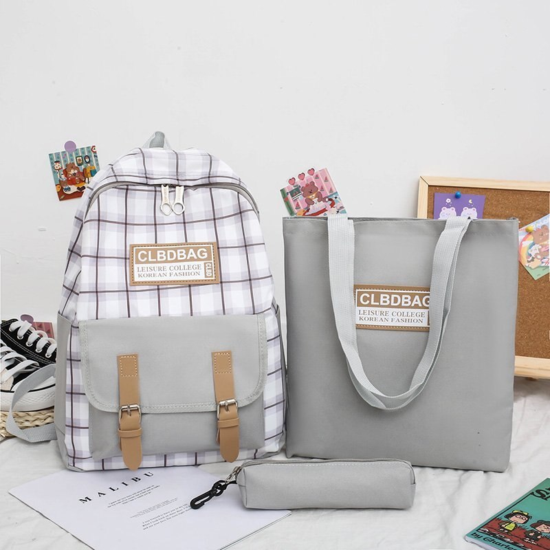 Puimentiua 4 Stks/set Rugzak Vrouwen Rugzak Canvas Schoudertassen Plaid Stijl Meisje Schooltas Vrouwelijke Student Rugzak Sets: gray A