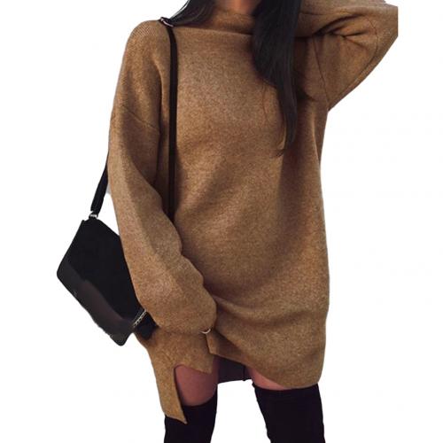 Hiver femmes couleur unie col roulé en vrac à manches longues tricoté robe pull col haut en vrac tricot fendu robe pull: Kaki / L