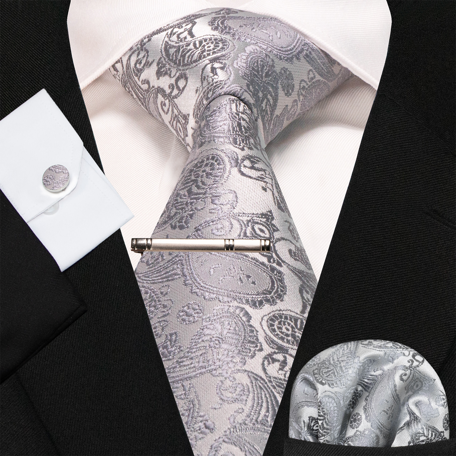 Corbatas de Cachemira azul y verde para hombre, corbata de seda de lujo de 8cm de ancho, gemelos cuadrados de bolsillo, conjunto de clips de corbata, de Navidad para hombre: Gris