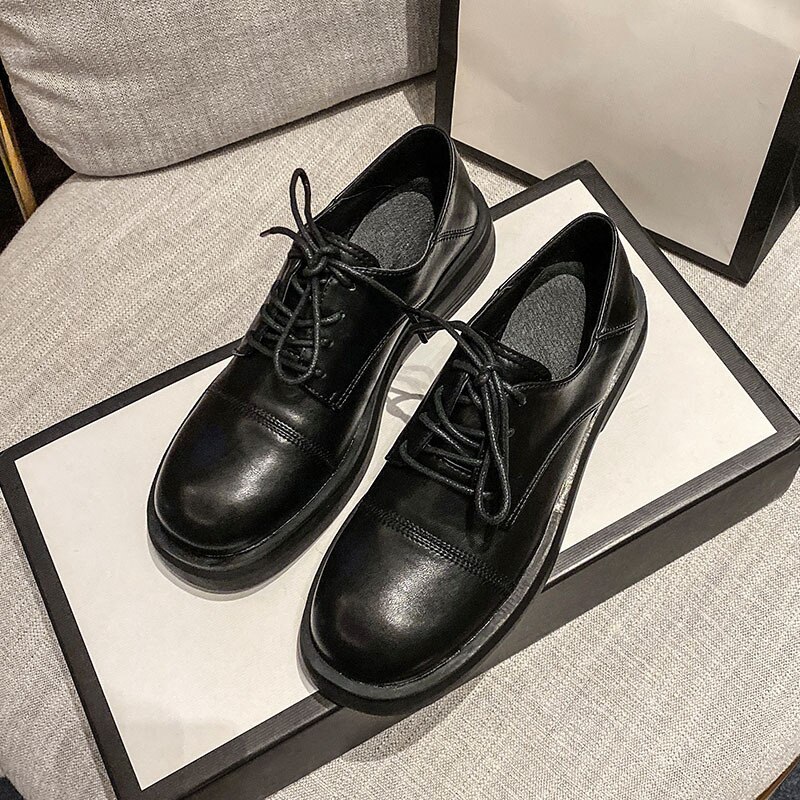 Zapatos oxford de punta cuadrada de famosa , zapatos de mujer con cordones, plataforma de tacón grueso, zapatos planos de cuero, estudiantes británicos con cordones, zapatos brogue: 5