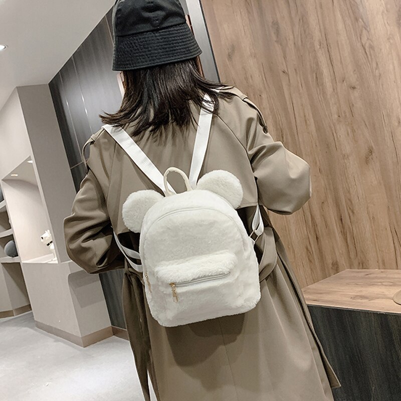 2021 kpop mini mochila para meninas mochila de pelúcia com orelhas de urso pele ombros saco bonito peludo