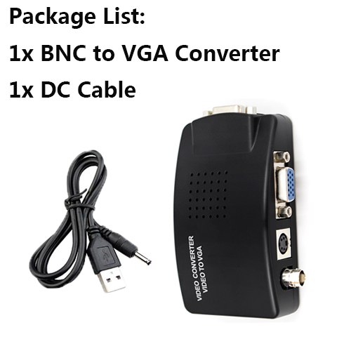BNC to VGA Video Converter, S-video Input to PC VGA Out Adapter with dc cable or s video cable or power adapter