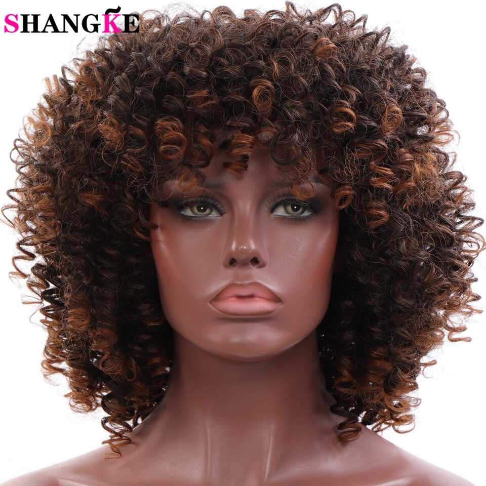 Shangke syntetisk 14 &quot; kort hår ombre svart brun gyllene peruker för kvinnor kinky lockig afro peruk afroamerikan: 4/27hl